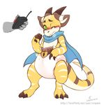  anthro belt blush claws controller craymin diaper dragon embarrassed green_eyes horn lock male one_eye_closed remote_control solo standing 