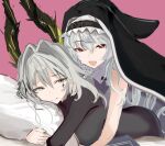  2girls absurdres arknights black_bodysuit bodysuit closed_mouth girl_on_top grey_eyes grey_hair hair_between_eyes hair_intakes hashtag-only_commentary head_scarf highres irene_(arknights) irene_(the_adjudicatrix_and_her_resolve)_(arknights) long_hair long_sleeves looking_at_viewer mikuning multiple_girls official_alternate_costume open_mouth pink_background red_eyes scar scar_across_eye sharp_teeth simple_background sketch smile specter_(arknights) split_mouth teeth upper_teeth_only yuri 