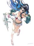  1girl bare_shoulders belly_chain bikini black_hair blue_hair breasts carimarica choker cleavage colored_inner_hair eyeliner fate/grand_order fate_(series) full_body green_jacket grey_eyes high_ponytail highres jacket jewelry long_hair long_sleeves looking_at_viewer looking_over_eyewear makeup medium_breasts multicolored_hair navel off_shoulder round_eyewear sandals sidelocks solo sunglasses swimsuit tenochtitlan_(fate) tenochtitlan_(swimsuit_mooncancer)_(fate) tenochtitlan_(swimsuit_mooncancer)_(first_ascension)_(fate) thighlet tinted_eyewear water_gun white_bikini 