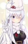 ;) azur_lane bangs beanie belt belt_buckle black_belt black_sweater blush buckle capelet closed_mouth commentary_request earmuffs elbow_gloves enterprise_(azur_lane) fur-trimmed_capelet fur-trimmed_gloves fur-trimmed_hat fur_trim gloves hair_between_eyes hat i.f.s.f impossible_clothes impossible_sweater long_hair looking_at_viewer one_eye_closed pom_pom_(clothes) purple_eyes scarf silver_hair smile snowman solo sweater v white_capelet white_gloves white_hat white_scarf 