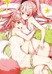  ;d ass bed_sheet blush bra breast_press breasts cleavage eyebrows_visible_through_hair fox_tail hair_between_eyes hair_ornament hairclip highres hug large_breasts long_hair looking_at_viewer lying multiple_girls on_side one_eye_closed open_mouth orange_eyes panties pillow pink_hair red_eyes sakuragi_ren see-through shirt short_hair sideboob sleeveless sleeveless_shirt smile tail thigh_strap twintails underwear underwear_only very_long_hair white_bra white_panties white_shirt yuri 