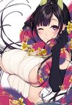  ane_naru_mono black_hair blush breasts chiyo_(ane_naru_mono) demon_girl elbow_gloves flower gloves highres horns large_breasts long_hair looking_at_viewer mole mole_under_eye one_eye_closed pochi_(pochi-goya) purple_eyes sideboob smile solo star 