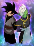  arms_behind_back back-to-back black_eyes black_hair commentary_request dougi dragon_ball dragon_ball_super earrings egyptian_clothes gokuu_black green_skin grey_eyes jewelry long_sleeves looking_at_viewer male_focus mohawk multiple_boys official_style petagon pointy_ears smile spiked_hair star starry_background white_hair zamasu 