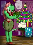  2017 anthro big_breasts breasts christmas desire_yoshi dinosaur female gift hair holidays looking_at_viewer mario_bros mrddragon_(artist) multicolored_hair nightgown nintendo open_mouth smile solo text tree video_games yoshi 