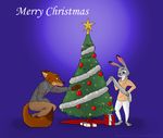  2016 absurd_res anthro barefoot canine christmas christmas_bauble christmas_decorations christmas_present christmas_star christmas_tree clothing crouching digital_drawing_(artwork) digital_media_(artwork) dipstick_ears dipstick_tail disney duo female fox fur gift green_eyes hi_res holding_object holiday_message holidays inner_ear_fluff jman0525 judy_hopps lagomorph male mammal merry_christmas multicolored_tail nick_wilde pants pink_nose purple_background purple_eyes rabbit signature simple_background size_difference smile standing sweater text tree url zootopia 