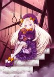  abigail_williams_(fate/grand_order) absurdres bangs bird black_bow blonde_hair bloomers blue_eyes bow bug butterfly closed_mouth cloud cloudy_sky commentary_request dress fate/grand_order fate_(series) forehead hair_bow hat highres insect long_hair long_sleeves looking_at_viewer mary_janes nanafuku noose object_hug orange_bow outdoors parted_bangs polka_dot polka_dot_bow purple_dress purple_footwear purple_hat rope shoes sitting sky sleeves_past_wrists solo stairs stone_stairs stuffed_animal stuffed_toy teddy_bear underwear very_long_hair white_bloomers 