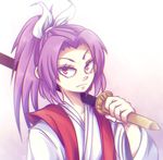  hair_ribbon japanese_clothes katana looking_at_viewer meira ponytail purple_eyes purple_hair ribbon sword touhou touhou_(pc-98) weapon yatsunote 