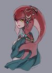  fins fish_girl hair_ornament jewelry long_hair looking_at_viewer mipha monster_girl multicolored multicolored_skin no_eyebrows red_hair red_skin smile solo the_legend_of_zelda the_legend_of_zelda:_breath_of_the_wild yanagi_(xcolors1) yellow_eyes zora 