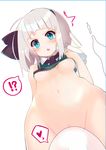  1girl :o absurdres black_hairband blue_eyes blush breasts commentary_request from_below hair_ribbon hairband heart highres hips konpaku_youmu konpaku_youmu_(ghost) looking_at_viewer navel partially_visible_vulva pussy ribbon shirt_lift short_hair small_breasts solo sweat te_toga tears touhou underboob v-shaped_eyebrows white_hair 