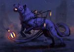  ambiguous_gender canine detailed_background digital_media_(artwork) feral fur jademere lantern mammal night open_mouth outside paws sky solo star starry_sky teeth wolf 