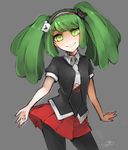  1girl black_shirt danganronpa eyebrows green_eyes green_hair hair_ornament hairband hairclip long_hair matching_hair/eyes miniskirt monaka_(danganronpa) necktie shirt skirt smile solo tie tied_hair twintails zettai_zetsubou_shoujo 