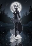  2023 anthro breasts canid canine digital_drawing_(artwork) digital_media_(artwork) female floating forest forest_background fox full-length_portrait genitals glowing glowing_eyes hair hi_res lake light looking_at_viewer mammal markings moon moonlight nature nature_background night paws plant portrait pussy red_fox shooting_star silver_fox silver_hair solo star star_(marking) tharsisgoat tree trish_(invasormkiv) true_fox water 