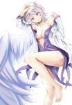  areola_slip areolae bad_id bad_pixiv_id bare_shoulders barefoot breasts collarbone covered_nipples dress feathered_wings hand_on_head highres inoumu jacket kishin_sagume leg_up legs looking_at_viewer no_bra off_shoulder open_clothes open_dress open_jacket open_mouth purple_dress red_eyes short_hair silver_hair single_wing small_breasts solo touhou white_jacket white_wings wings 