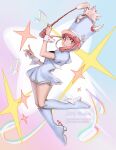  1girl boots dress frilled_dress frills full_body hat hat_ornament highres holding_baton jakuzure_nonon kill_la_kill knee_boots marching_band_baton musical_note necktie parted_lips pink_eyes pink_hair puffy_short_sleeves puffy_sleeves shako_cap short_sleeves sidelocks skull_hat_ornament solo vinetsu white_dress white_footwear white_hat white_necktie white_wrist_cuffs winged_footwear wrist_cuffs 