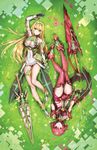  armor athenawyrm blonde_hair breasts dress dual_persona field fingerless_gloves full_body gloves hikari_(xenoblade_2) homura_(xenoblade_2) jpeg_artifacts large_breasts long_hair looking_at_viewer multiple_girls red_eyes red_hair short_hair smile sword weapon xenoblade_(series) xenoblade_2 yellow_eyes 