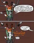1940s absurd_res anthro assisted_exposure canid canine clothed clothing comic fox gloves handwear hi_res machine male mammal myaxy necktie open_clothing open_shirt open_topwear opening_shirt robot_arm shirt snout solo suspenders tail terrence_grant text topwear undone_tie undressing worried