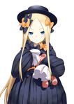  abigail_williams_(fate/grand_order) blonde_hair blue_eyes dress fate/grand_order fate_(series) hat long_hair looking_at_viewer simple_background sleeves_past_fingers sleeves_past_wrists solo stuffed_animal stuffed_toy tanuki91 teddy_bear white_background 
