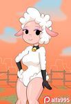  alfa995 animated anthro armwear breasts caprine clothing cowbell dot_eyes elbow_gloves eyelashes female gloves hand_on_hip leggy_lamb makeup mammal sheep sheep_wrecked smile wide_hips wool 