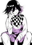  1boy bangs checkered_scarf danganronpa matching_hair/eyes new_danganronpa_v3 ouma_kokichi pants purple_eyes purple_hair scarf shirt short_hair side_bangs smile solo straitjacket suurin_(ksyaro) white_shirt 