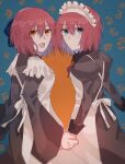  2girls :d absurdres apron back_bow black_dress blue_background blue_bow blue_eyes bow commentary_request dress frilled_hairband frills hair_between_eyes hair_bow hairband highres hisui_(tsukihime) holding_hands kohaku_(tsukihime) looking_back maid maid_apron maid_headdress multiple_girls open_mouth red_hair smile sungoidekame tsukihime white_apron white_bow white_hairband yellow_eyes 