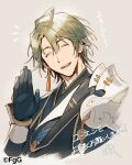  1boy ^_^ armor closed_eyes commentary_request dare_ga_tame_no_alchemist ewan_(dare_ga_tame_no_alchemist) facing_viewer gloves green_hair grey_background hair_between_eyes hand_up highres male_focus official_art open_mouth second-party_source shiro_(castle.gumi) short_hair shoulder_armor signature simple_background smile solo teeth upper_body upper_teeth_only 