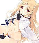  adjusting_clothes american_flag_bikini azur_lane bangs bare_shoulders between_legs bikini black_gloves blonde_hair blue_bikini blush breasts cape cleveland_(azur_lane) closed_mouth eyebrows_visible_through_hair fingerless_gloves flag_print gloves hand_between_legs invisible_chair long_hair looking_at_viewer navel one_side_up parted_bangs red_eyes ribbon side-tie_bikini simple_background sitting skindentation small_breasts solo star star_print stomach swimsuit tetsujin_momoko thighs v-shaped_eyebrows very_long_hair white_background white_cape white_ribbon 