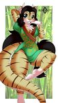  2017 anthro black_hair breasts clothed clothing dragon feline female green_eyes hair hand_behind_head hi_res horn hybrid inner_ear_fluff kloudmutt long_hair looking_at_viewer mammal smile solo stripes tiger 