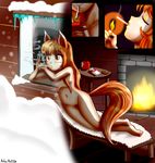  2017 absurd_res anibaruthecat animal_humanoid apple cigarette eyes_closed feet female fire fireplace food fruit hair hi_res holding_object horo humanoid inside long_hair nude pussy smoking solo spice_and_wolf young 