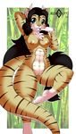  2017 anthro areola black_hair breasts dragon feline female green_eyes hair hand_behind_head hi_res horn hybrid inner_ear_fluff kloudmutt long_hair looking_at_viewer mammal navel nipples nude pussy smile solo stripes tiger 