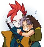  beamed_sixteenth_notes blue_background closed_eyes dragon_ball dragon_ball_z gloves green_eyes hand_on_another's_head hug hug_from_behind looking_at_another male_focus mohawk multiple_boys musical_note petagon purple_hair red_hair scarf simple_background smile sword tapion trunks_(dragon_ball) weapon white_background wristband 