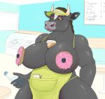  anthro apron big_breasts big_nipples bovid bovine breasts cattle clothed clothing curvy_figure doughnut ear_piercing female food mammal nipples piercing slightly_chubby snakedakyoot solo thick_thighs topless voluptuous waiter wide_hips 