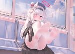  absurdres bad_id bad_pixiv_id black_choker black_coat black_hairband blue_archive blush bow choker coat feet feet_up foot_focus grey_eyes hair_bow hairband halo hat highres holding holding_shoes looking_at_viewer open_mouth panties panties_visible_through_clothes pantyhose plana_(blue_archive) red_halo red_pupils sheng_taoren shoes sitting soles toes train underwear unworn_shoes white_bow white_hair white_panties white_pantyhose 
