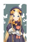  abigail_williams_(fate/grand_order) absurdres bangs black_bow black_dress black_hat blonde_hair blue_background blue_eyes blush bow bug butterfly chestnut_mouth commentary_request dress eyebrows_visible_through_hair fate/grand_order fate_(series) forehead hair_bow hat highres holding holding_key insect key long_hair long_sleeves looking_at_viewer object_hug orange_bow outstretched_arm parted_bangs parted_lips polka_dot polka_dot_bow rookie55678 sleeves_past_fingers sleeves_past_wrists solo stuffed_animal stuffed_toy teddy_bear two-tone_background very_long_hair white_background 