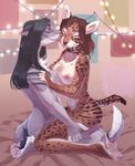  anna_(mramor.) anthro black_hair breasts brown_hair duo eyes_closed feline female female/female hair inside licking mammal nipples pawpads pink_nose pink_pawpads plgdd serval tongue tongue_out whiskers 