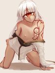  1girl cyclops female flat_chest gino kneeling long_hair monster_girl nipples off_shoulder one-eyed original red_eyes smile solo tattoo white_hair 