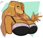  2017 anthro big_breasts blush bra breasts bust_portrait canine clothing dog dogmom female hair j-wink long_hair looking_at_viewer mammal portrait saluki smile solo underwear 