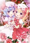  :d ascot bangs bat_wings blonde_hair blue_hair blush bow bowtie brooch commentary_request crystal eyebrows_visible_through_hair fang flandre_scarlet flower hair_between_eyes hair_bow hat holding_hands interlocked_fingers jewelry long_hair looking_at_viewer looking_to_the_side mob_cap multiple_girls open_mouth pink_hat pink_wings puffy_short_sleeves puffy_sleeves purple_eyes red_bow red_flower red_neckwear red_rose red_skirt red_vest remilia_scarlet rikatan rose shirt short_sleeves siblings side_ponytail sisters skirt skirt_set smile touhou vest white_hat white_shirt white_skirt wings wrist_cuffs 