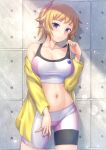  1girl ass_visible_through_thighs blonde_hair blue_eyes blush breasts cleavage gundam gundam_build_fighters gundam_build_fighters_try hair_ornament hair_scrunchie hoshino_fumina jacket large_breasts long_sleeves looking_at_viewer midriff open_clothes open_jacket parted_lips ponytail ryu-akt scrunchie shorts solo sports_bra yellow_jacket 