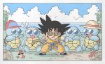  1boy baseball_cap beach black_hair blue_sky cloud crossover day dougi dragon_ball dragon_ball_(classic) hat highres holding looking_at_viewer mushroom ocean open_mouth outdoors pokemon pokemon_(creature) rock sky smile son_goku spiked_hair squirtle sunglasses tail tongue tongue_out turtle water wesatinthecar wristband 