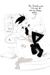 2023 absurd_res all_fours alternative_fashion anthro anus belly beverage_can biped black_boots black_bottomwear black_clothing black_footwear black_hair black_jeans black_pants black_shirt black_t-shirt black_text black_topwear bloated boots bottomwear bottomwear_down butt canid canine canis clothed clothing container controller denim denim_bottomwear denim_clothing digital_drawing_(artwork) digital_media_(artwork) discarded_clothing discarded_underwear domestic_dog ear_piercing electronics eyebrows eyelashes female first_person_shooter floppy_ears food footwear game_console game_controller gaming goth grease greyscale hair hair_over_eye head_turned heart_symbol hi_res holding_controller holding_game_controller holding_object jeans knee_boots knee_highs legwear looking_at_viewer looking_back looking_back_at_viewer maddeku mammal mattress monobutt monochrome number panties panties_down pants pants_down partial_speech_bubble partially_clothed piercing pizza pizza_box pizza_dog_(maddeku) playing_video_game rear_view ring_piercing running_makeup running_mascara shirt shoes short_tail solo stud_piercing t-shirt tail talking_to_viewer television text topwear underwear underwear_down white_text wire wired_controller x_anus