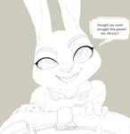  anthro bulge clothing dialogue disney english_text eyelashes faceless_male female first_person_view greyscale judy_hopps lagomorph looking_at_viewer male male_pov mammal monochrome open_mouth open_smile pants penis_outline police police_uniform rabbit smile speech_bubble talking_to_viewer text uniform unknown_artist zootopia 