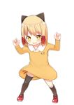  :d absurdres animal_ears arms_up asymmetrical_legwear atg_(wttoo0202) bangs black_legwear blonde_hair blush cat_ears child collarbone collared_dress dress eyebrows_visible_through_hair fang full_body highres kneehighs looking_at_viewer mary_janes open_mouth original red_footwear shoes short_hair simple_background single_kneehigh single_thighhigh smile solo standing thighhighs v-shaped_eyebrows white_background yellow_dress yellow_eyes 