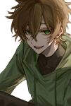  1boy animification asouhyn bishounen blonde_hair commentary dream_(youtuber) english_commentary freckles green_eyes green_hoodie highres hood hood_down hoodie looking_at_viewer male_focus minecraft_youtube open_mouth ringed_eyes short_hair simple_background smile solo upper_body white_background 