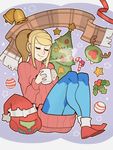  blonde_hair bodysuit christmas christmas_tree closed_eyes helmet high_ponytail highres long_hair metroid mole mole_under_mouth ponytail samus_aran shiny shiny_clothes smole solo splashbrush sweater varia_suit zero_suit 