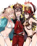  1boy 2girls ;d ahoge arm_up bangs belt belt_buckle bikini black_bikini black_bow black_cape black_hair blue_jacket blush bow breasts buckle cape cleavage collarbone contrapposto cowboy_shot fate/grand_order fate_(series) fire frilled_bikini frills girl_sandwich gloves grin hair_between_eyes hair_bow hand_on_hip hat highres hug jacket koha-ace long_hair long_sleeves looking_at_viewer medium_breasts multiple_girls oda_nobukatsu_(fate/grand_order) oda_nobunaga_(fate) oda_nobunaga_(swimsuit_berserker)_(fate) okita_souji_(fate) okita_souji_(fate)_(all) one_eye_closed open_clothes open_jacket open_mouth own_hands_together peaked_cap ponytail red_eyes red_hat sandwiched shinsengumi smile standing swimsuit tearing_up tears teeth thighs uniform v v-shaped_eyebrows v_over_eye very_long_hair waltz_(tram) wavy_mouth white_bikini white_gloves 