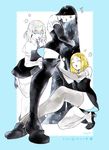  androgynous ass_visible_through_thighs black_gloves black_legwear blonde_hair bob_cut bort closed_eyes crystal_hair diamond_(houseki_no_kuni) elbow_gloves gem_uniform_(houseki_no_kuni) gloves houseki_no_kuni long_hair medium_hair moku5213250 multicolored_hair multiple_others necktie one_knee thighhighs very_long_hair yellow_diamond_(houseki_no_kuni) 