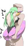  1boy 1girl ass ass_grab bare_shoulders breasts censored clothed_female_nude_male clothed_sex cum demon_girl from_behind green_hair hetero highres hug large_breasts leg_lock leotard long_hair morrigan_aensland ohako penis sex sideboob simple_background solo_focus standing succubus testicles vaginal vampire_(game) white_background wings 