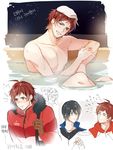  adjusting_eyewear ahoge bare_chest brown_gloves collarbone commentary_request facial_hair fur_trim glasses gloves hood idolmaster idolmaster_side-m korean male_focus middle_finger multiple_boys onsen partially_submerged red_eyes red_hair sakuraba_kaoru speech_bubble tendou_teru towel towel_on_head translation_request water winter_clothes 