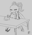  antennae anthro arthropod breasts cleavage clipboard clothed clothing female frown insect lab_coat moth napalm_express scientist short_stack sitting table wings 