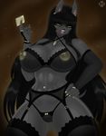  2017 abs ankh anthro anubian_jackal areola black_hair breasts canine clothing colored_nails condom ear_piercing female hair hand_on_hip hi_res holding_condom holding_object jackal jewelry lingerie long_hair mammal navel navel_piercing nipples open_mouth piercing razplus rhaja_aaruna solo translucent transparent_clothing yellow_eyes 